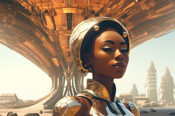 Afrofuturistic Woman in Golden Armor Visionary Leader of the Spacefaring Era - obrazy, fototapety, plakaty