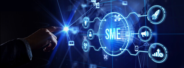 Business, technology, internet and network concept. Virtual screen of the future and sees the inscription: SME.