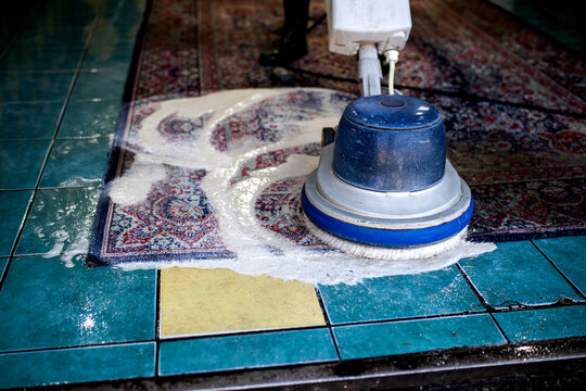 Private carpet chemical cleaning with brush.