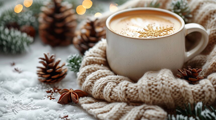 Obraz na płótnie Canvas Cup of coffee with milk foam and knitted scarf on Christmas background