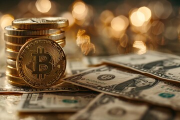 A stack of shiny Bitcoin coins atop various US dollar bills - obrazy, fototapety, plakaty