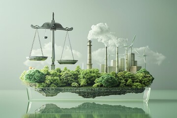A conceptual art piece depicting a balance scale balancing industrial development with renewable energy, advocating for equitable climate policies, on a clear plane.