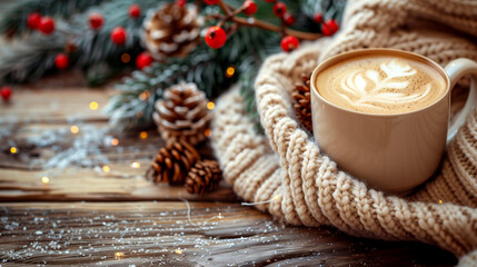 Obraz na płótnie Canvas Cup of coffee with milk foam, knitted scarf and Christmas decorations on a wooden background.