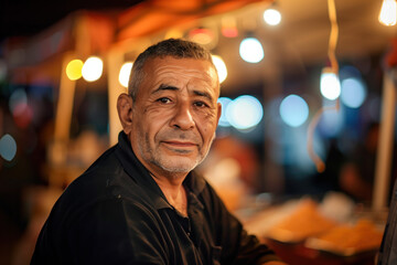Fototapeta premium A simple street market seller in front of his stand stall. Blurred background with bokeh. Created with Generative AI technology.