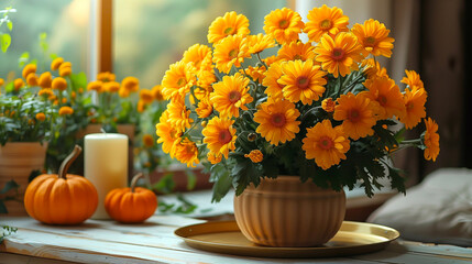 Beautiful autumn bouquet of chrysanthemums and pumpkins on windowsill