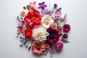 Mix of colored flowers on white background Flat lay