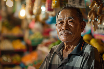 Obraz premium A simple street market seller in front of his stand stall. Blurred background with bokeh. Created with Generative AI technology.