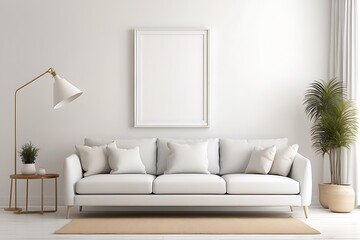 Living room interior with a white sofa, a coffee table and a blank poster on wall.
