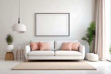 Living room interior with a white sofa, a coffee table and a blank poster on wall.