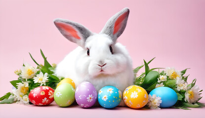 Fototapeta na wymiar Happy easter. Eggs and rabbit on pink