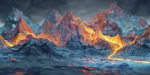 A depiction of a mountain range with peaks named after gender equality milestones, the path to each peak clear and illuminated.