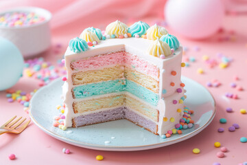 Fototapeta na wymiar fancy rainbow birthday cake on pastel background