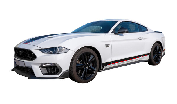 Bad Homburg 2024: White Ford Mustang V8 5.0L. luxury stylish car isolated on transparent background, PNG
