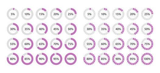 Circular 100 percent pie chart. Pink circle filling template. Round section graph. Schemes with sectors. Diagram structure divided into pieces. Piechart with segments and slices. Vector illustration
