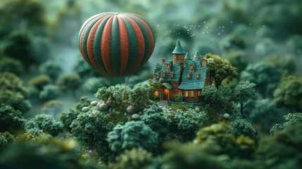 Obraz na płótnie Canvas enchanted forest house with hot air balloon