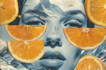 Artistic collage with woman portrait overlaid with vibrant orange slices and pineapple textures