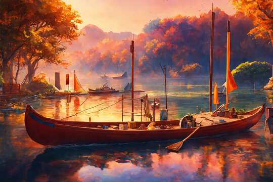 Autumn picture of an evening on the river with a wooden boat with oars filled with household utensils