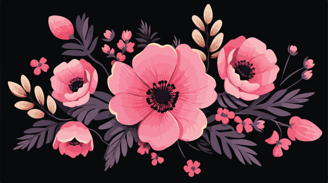 Illustration with pink flowers on black background 