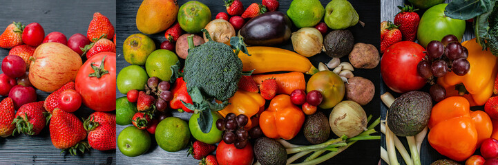 bodegon de frutas y verduras tropicales  - obrazy, fototapety, plakaty