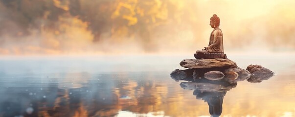 Naklejka premium Serene Buddha statue on rocks with reflections in calm water against a golden sunset