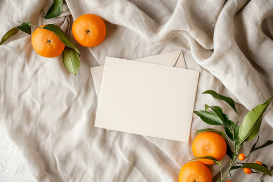 Blank white card with an envelope on a beautiful background with tangerines with green leaves on textile material top view. Space for text 
