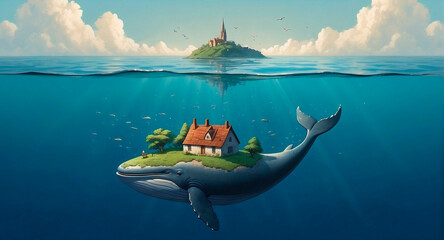 A tranquil depiction of a small, serene village resting upon a peacefully drifting whale in the expansive, serene ocean. - obrazy, fototapety, plakaty