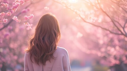 Naklejka premium Rear view beautiful woman traveling in beautiful park with blooming cherry blossoms sakura flowers, enjoying the nature in spring, Tourist, generative ai