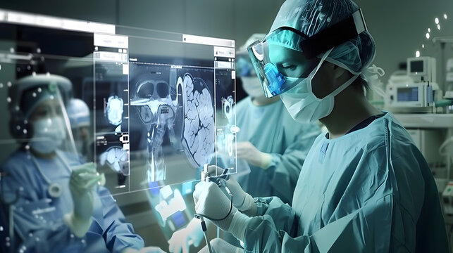 Surgical Team Using Transparent Digital Displays in OR. Surgical team in an operating room using transparent digital displays with medical data during a procedure.

