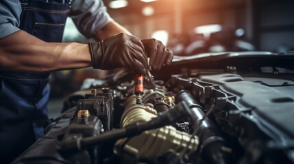 mechanic is doing the annual car inspection. Car repair shop is ready to serve. Car mechanic inspects car engine problems technical inspection engine safety Maintenance Changing the engine oil