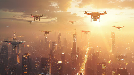 An expansive network of drones hovering above a city, facilitating various tasks from surveillance to delivery services, highlighting the technological advancements in urban management 