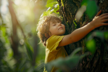 A small child embracing and hugging a tree in a park or forest against a background of green plants...