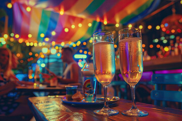 Champagne Glasses on a Wooden Bar Table for LGBTQ Pride Celebration Toast