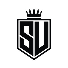 SU Logo monogram bold shield geometric shape with crown outline black and white style design