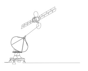 Continuous one line drawing of connected satellite in orbit with Satellite disc. Communication technology concept. Editable stroke.