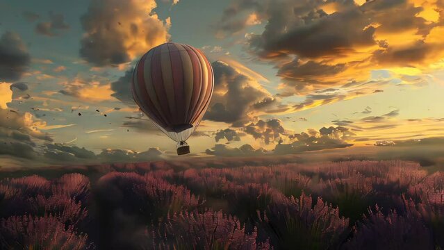Hot air balloon over lavender field.