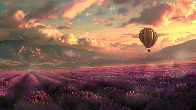 Hot air balloon flying over lavender field at sunset.