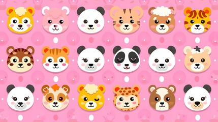 A vibrant collection of cute animal face illustrations set against a pink backdrop, ideal for children's decor or apparel.
