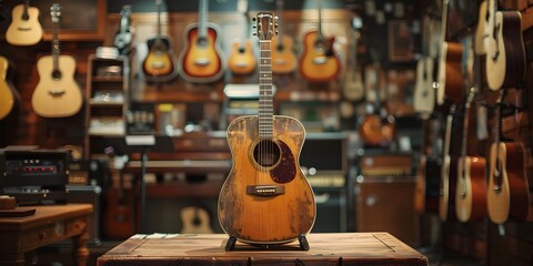 A guitar is on a table in a store. The store is filled with guitars of different sizes and shapes - obrazy, fototapety, plakaty