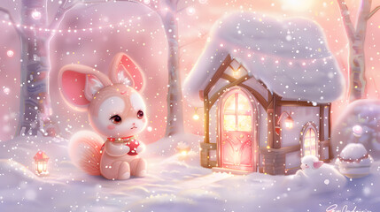 A dreamy winter scene featuring a cute rabbit character in front of a warmly lit snow-covered cottage, evoking a magical holiday spirit.
