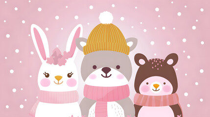 Three winter animals, a bunny, owl, and reindeer, dressed in festive winter clothes, sharing a special holiday moment.
