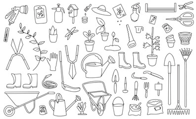 Large set of garden tools in doodle style. Watering can, hoe, bucket, hose, pitchfork, shovel, wheelbarrow, trowel, pruning shears, tree seedling, garden fork, rake and other linear icons. 