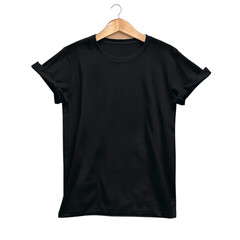 Black T-Shirt on Wooden Hanger On a Transparent Background PNG