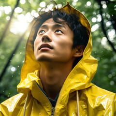 asian Man in Yellow Raincoat Looking Up Into Sky