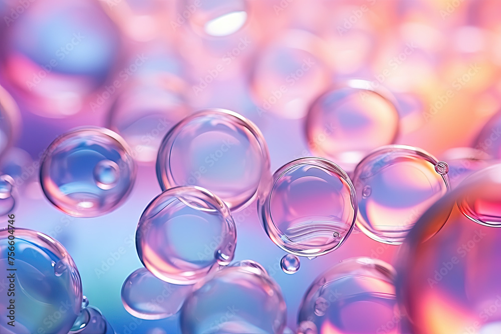 Poster Pink holographic bubbles floating on the soft colorful abstract background in beautiful vivid tones.