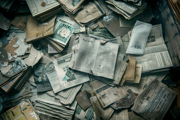 Old newspapers or documents scattered on the ground, view from above
