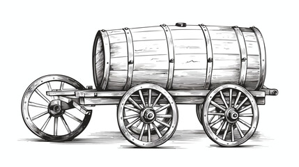 Large cart with a barrel. Black and white dashed  - obrazy, fototapety, plakaty