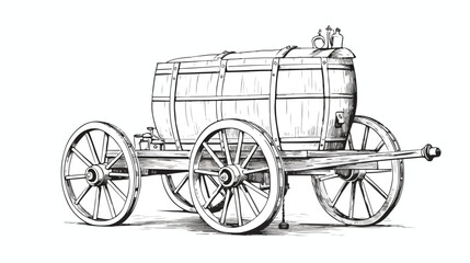 Large cart with a barrel. Black and white dashed 
