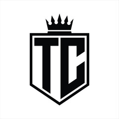 TC Logo monogram bold shield geometric shape with crown outline black and white style design