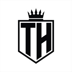 TH Logo monogram bold shield geometric shape with crown outline black and white style design