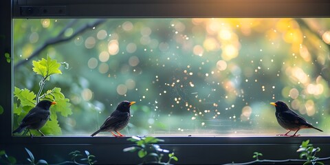Four birds are sitting on a window sill. The birds are all different colors